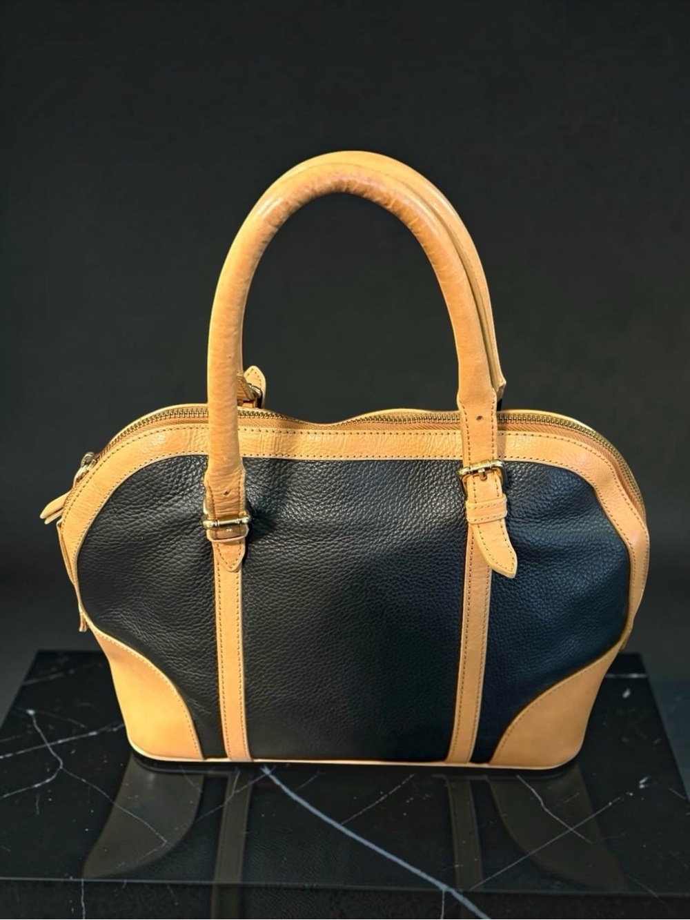 Valentina Leather Classic Two-Tone Black and Tan Bag